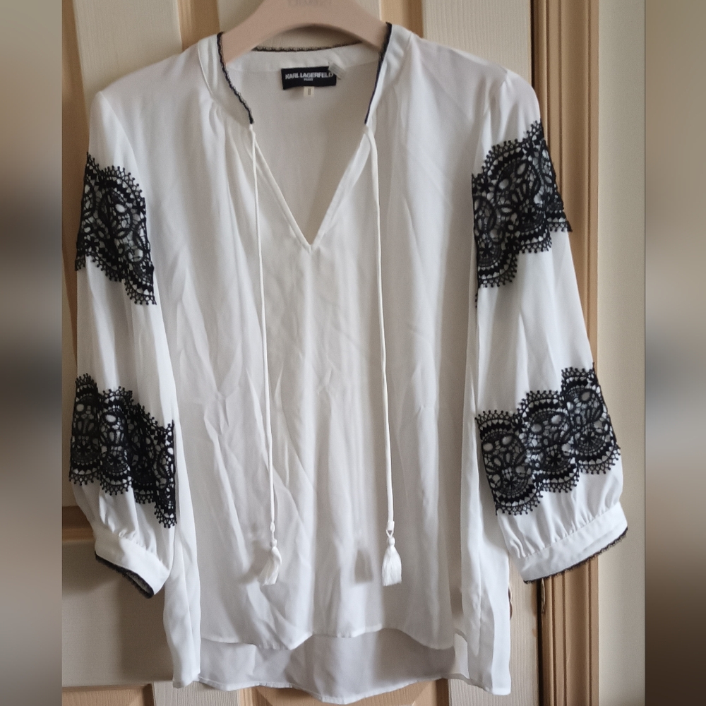 Karl Lagerfeld White and Black Embellished Blouse